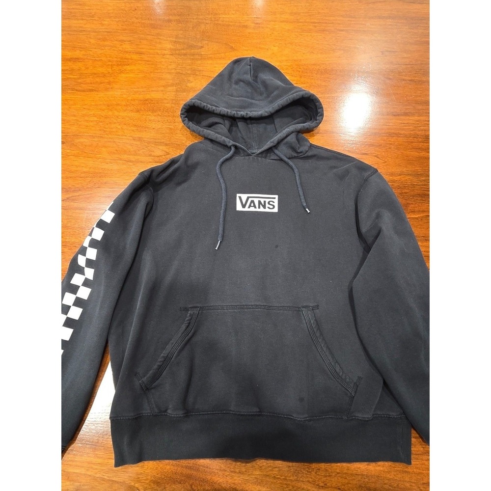 VANS Versa Black Fleece Hoodie‎ Checkerboard Sleeve Pullover Men's Size M